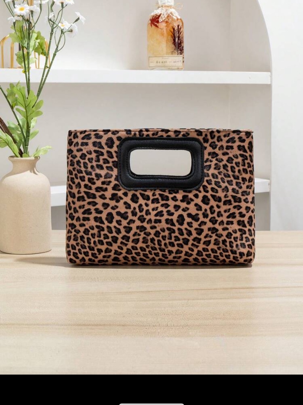 Leopard Print Cutout Handle Clutch - Brown